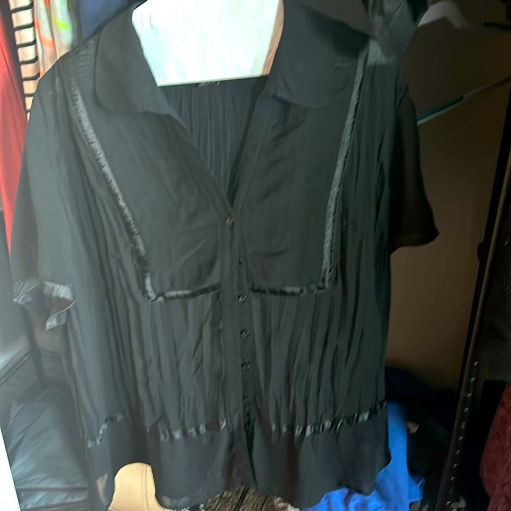 Lane Bryant  Women's Plus Size Short Sleeve Black Sheer Top with Ribbon Detail